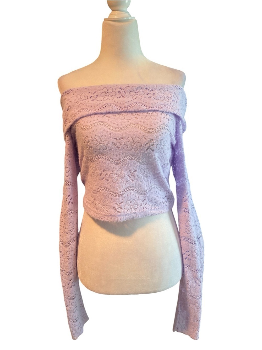 Off-Shoulder Lavender Lace Knit Sweater